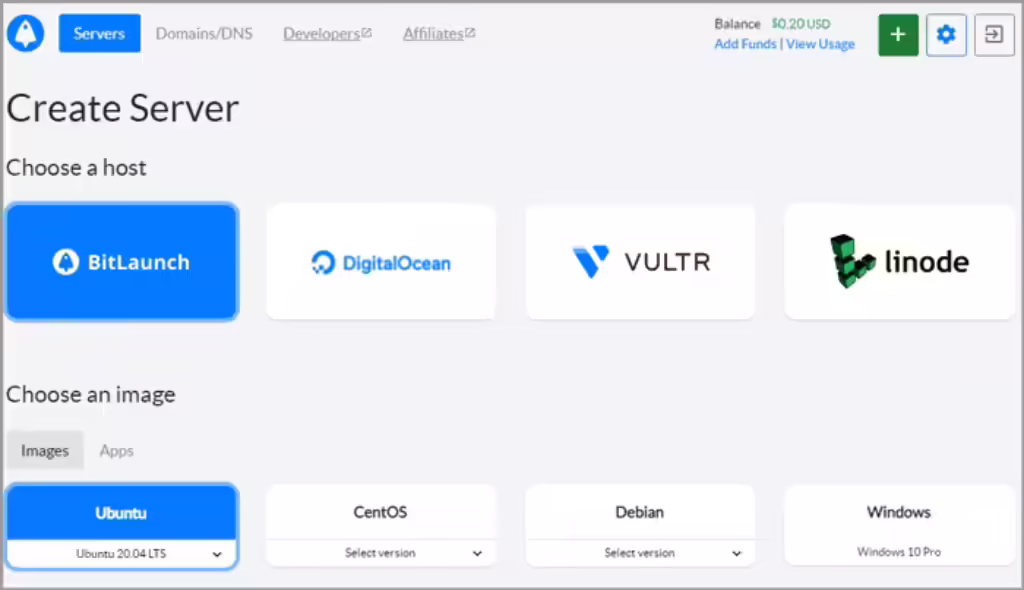 BitLaunch-Server-Selection - Anonymous VPS hosting